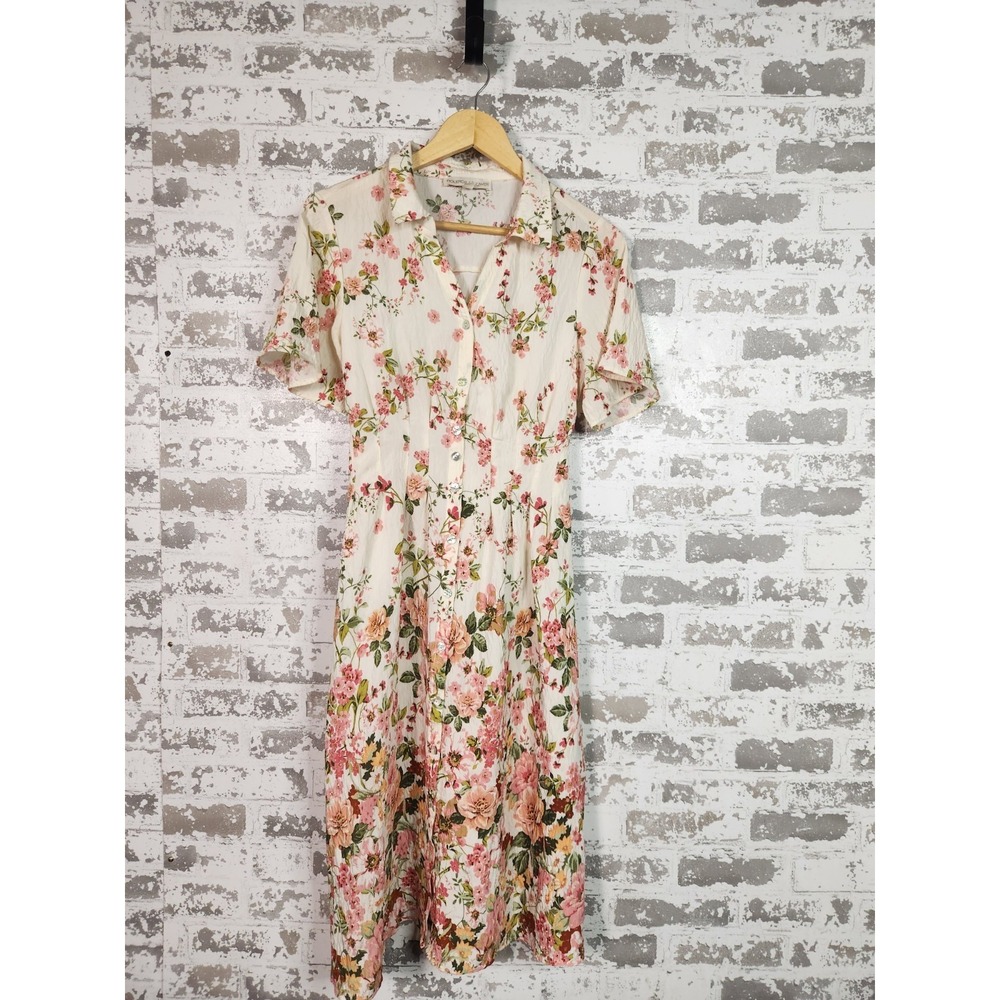 Figueroa & Flower Boho Shirt Dress Medium Beige Floral Cottagecore Retro Prairie